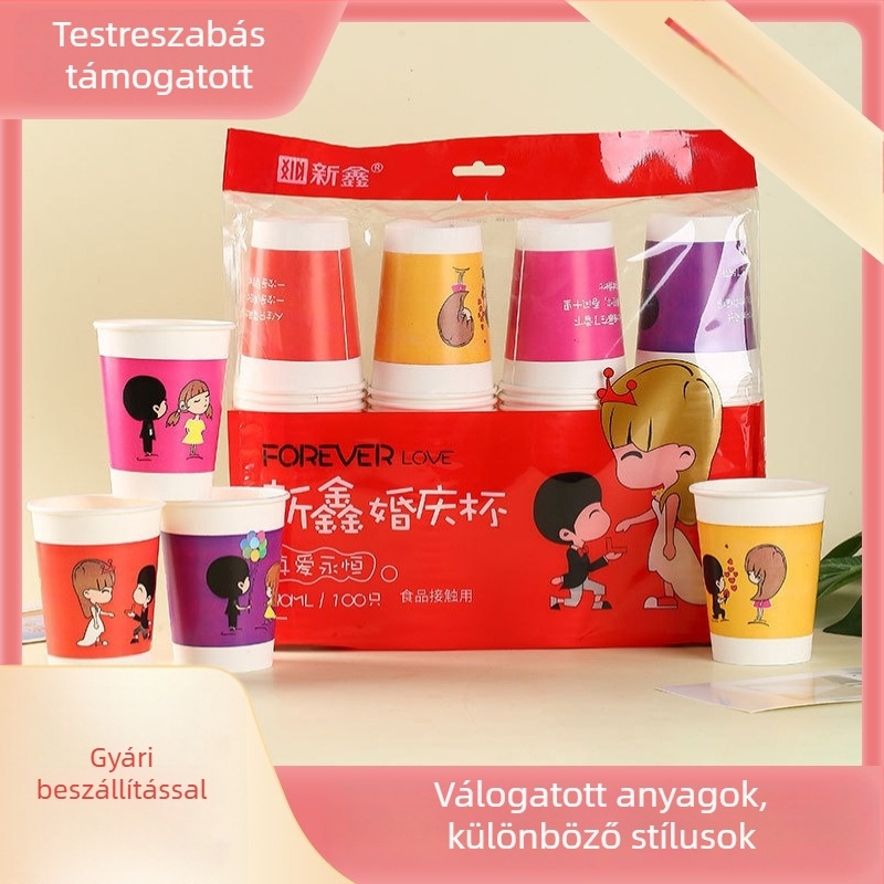 Esküvői egyszer használatos papírpohár Double Happiness motívummal, teaceremónia és lagzi bankett poharak, 301–400 ml