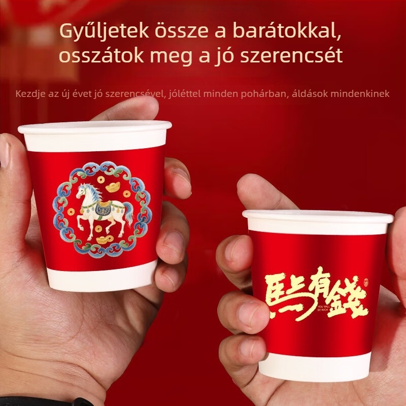 Egyszer használatos vastagított papír pohár forró italokhoz, 201–300 ml, kínai stílusú dizájn, otthoni használatra, 50 db