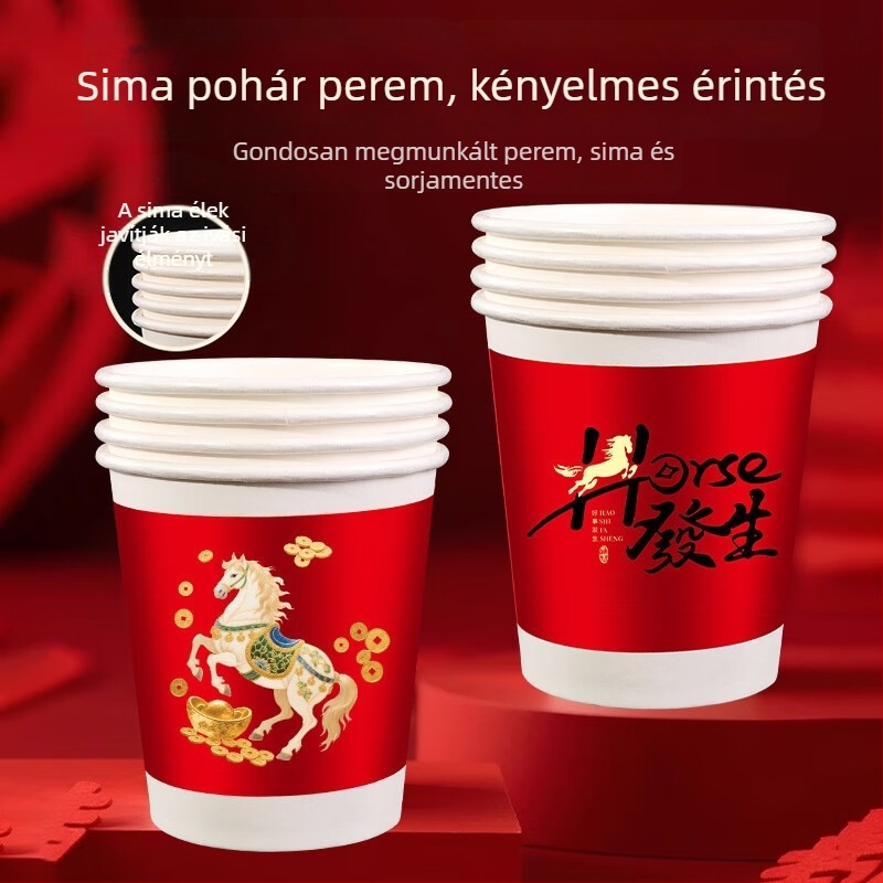 Egyszer használatos vastagított papír pohár forró italokhoz, 201–300 ml, kínai stílusú dizájn, otthoni használatra, 50 db