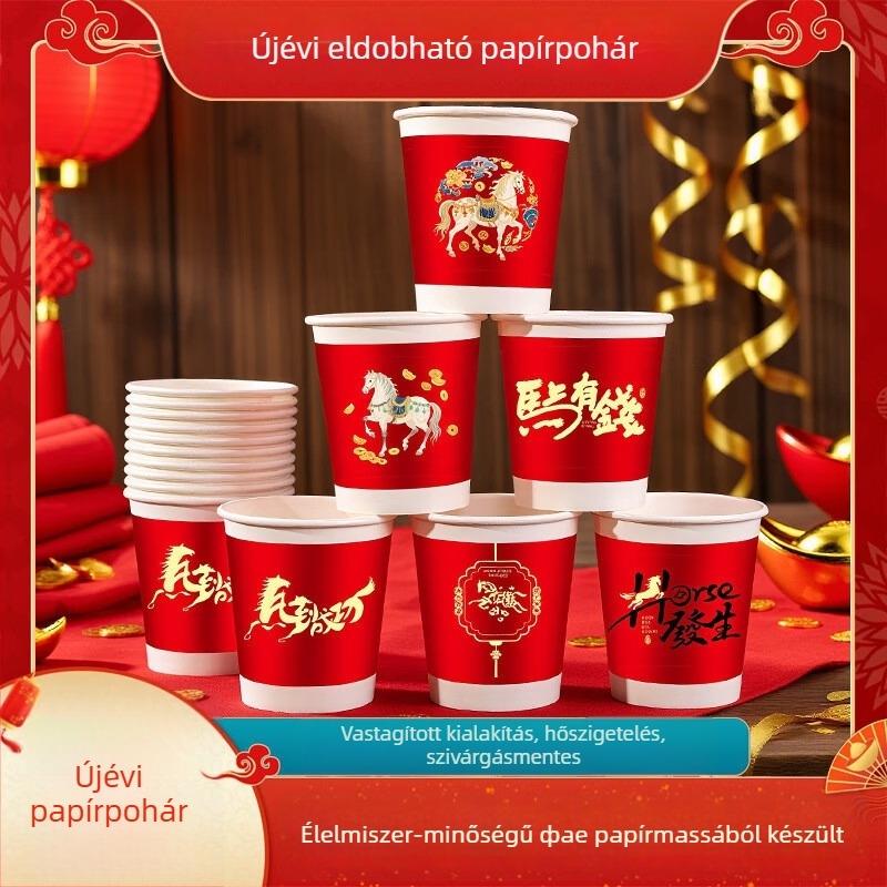 Egyszer használatos vastagított papír pohár forró italokhoz, 201–300 ml, kínai stílusú dizájn, otthoni használatra, 50 db