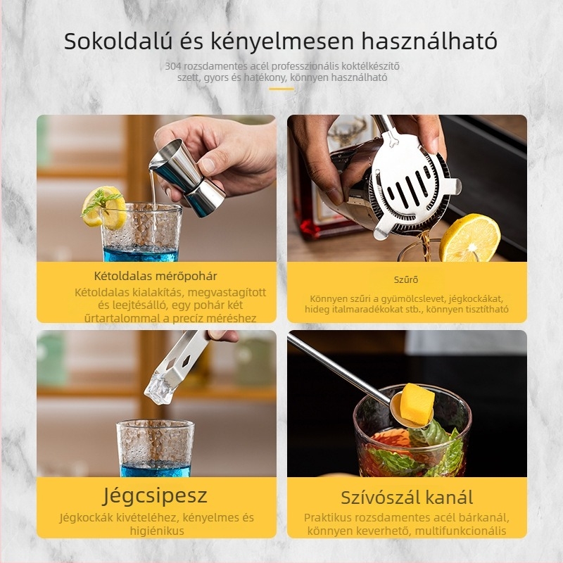Rozsdamentes acél koktél shaker készlet, 5 darabos, otthoni bár kezdő készlet