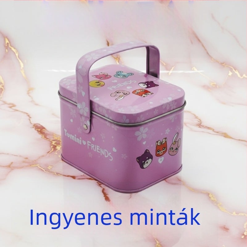 Rózsaszín, négyzet alakú fém doboz esküvői édességekhez és tortákhoz, kézben tartható kis doboz