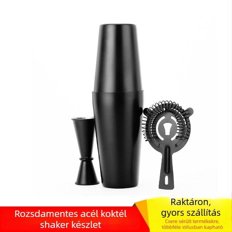 Rozsdamentes acélból készült 3 részes otthoni koktél készlet: shaker, jégszűrő, Mérő pohár, adagoló, bárkanál, jégcsipesz, üvegnyitó