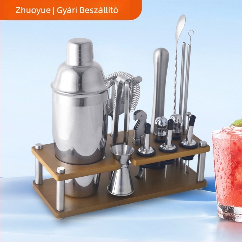 18 részes rozsdamentes acél koktélkészlet, 700 ml shakerrel, retro báreszközök, egyedi gyártású