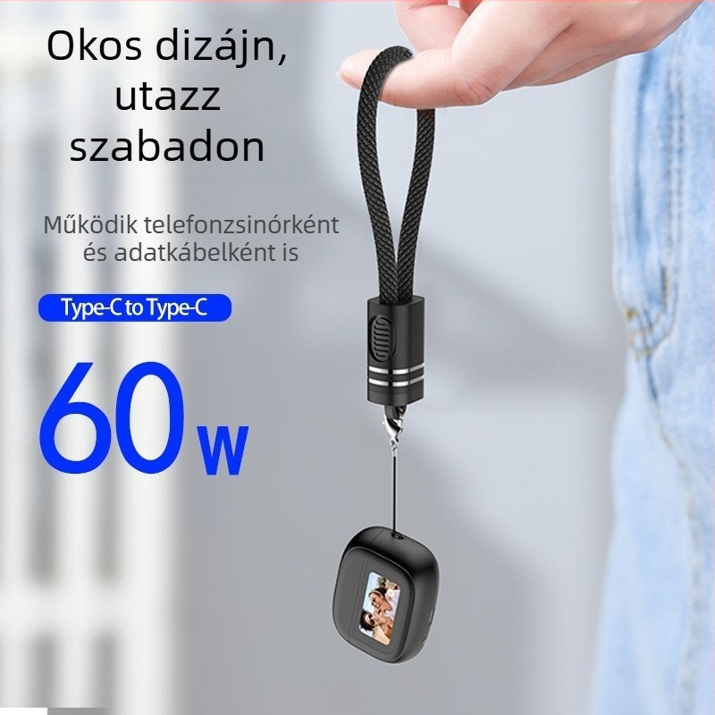 iPhone 15/16/17-hez kulcstartóval ellátott kettős Type-C power bank, leválasztható csattal, PD nyakpánttal és telefon-adatkábel