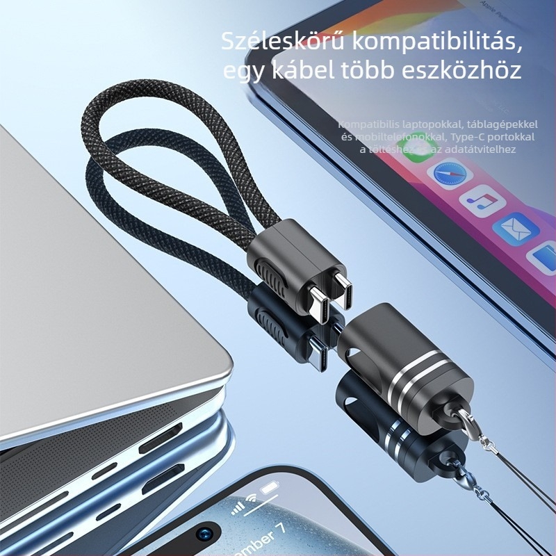 iPhone 15/16/17-hez kulcstartóval ellátott kettős Type-C power bank, leválasztható csattal, PD nyakpánttal és telefon-adatkábel