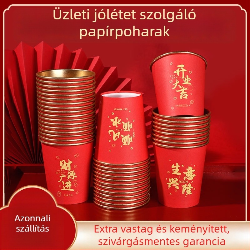 Egyszer használatos papír poharak aranyfóliával, ünnepi piros dizájn, vállalkozás megnyitására és üzleti prosperitásra