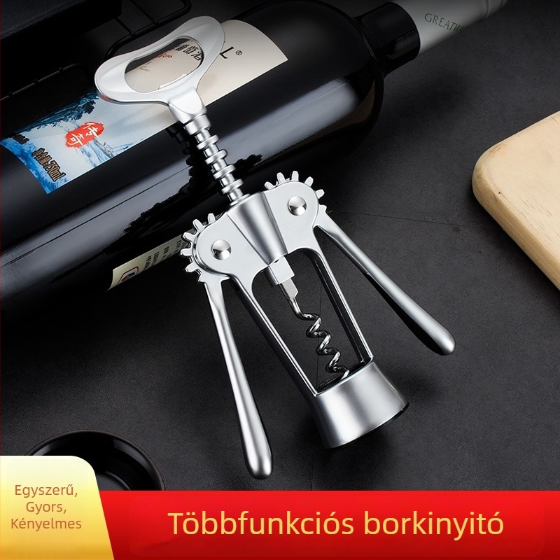 Lézerrel gravírozott logóval ellátott többfunkciós dugóhúzó bor és sör nyitására – cinkötvözetből — ajándék