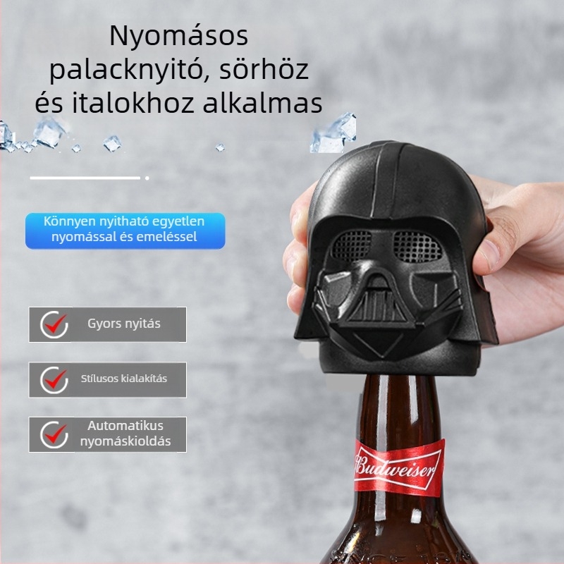 Automata nyomó típusú sörösüvegnyitó, Star Wars ihletésű Fekete Harcos dizájn, rozsdamentes acélból.