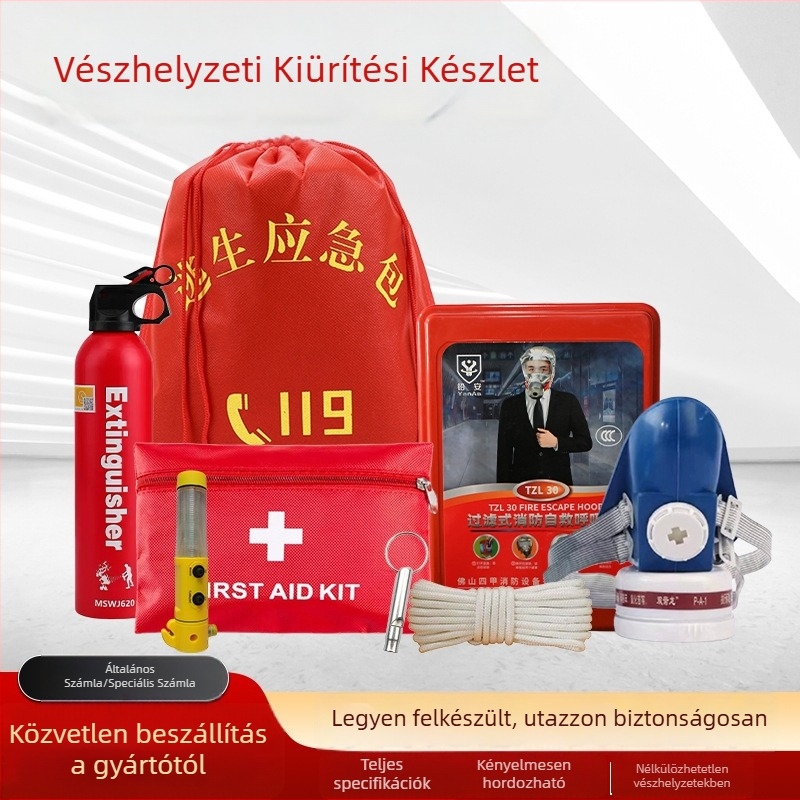Tűzvédelmi evakuálási készlet tároló táskával otthonra, kiadó lakásokba és szállodákba