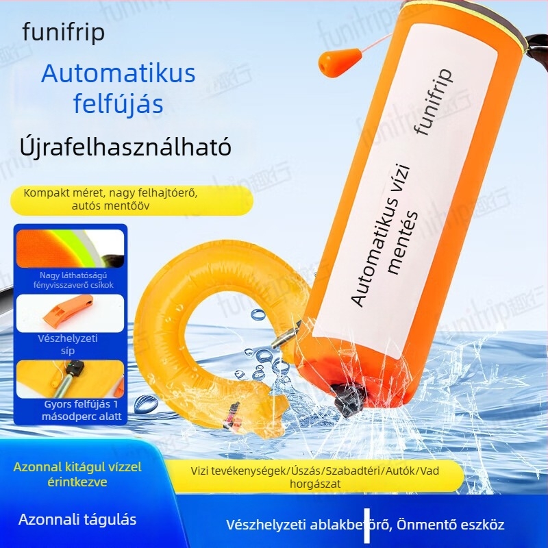 Autóhoz szerelt automatikus felfújható mentőöv, életmentő gyűrűvel és úszó kötéllel