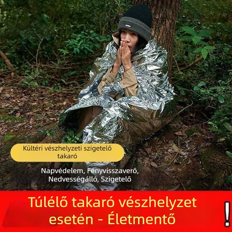 Szabadban használható sürgősségi hőtakaró alumíniumfóliával, túlélésre, hideg elleni védelem, eső- és napvédő, kempingezéshez