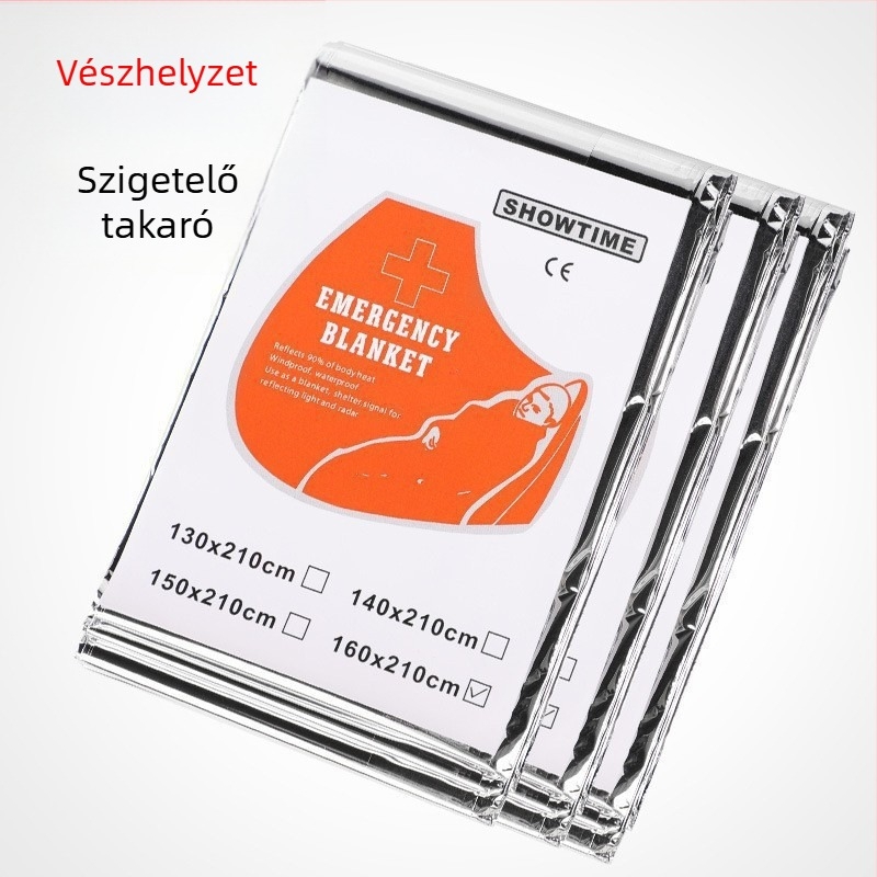 Szabadban használható sürgősségi hőtakaró alumíniumfóliával, túlélésre, hideg elleni védelem, eső- és napvédő, kempingezéshez