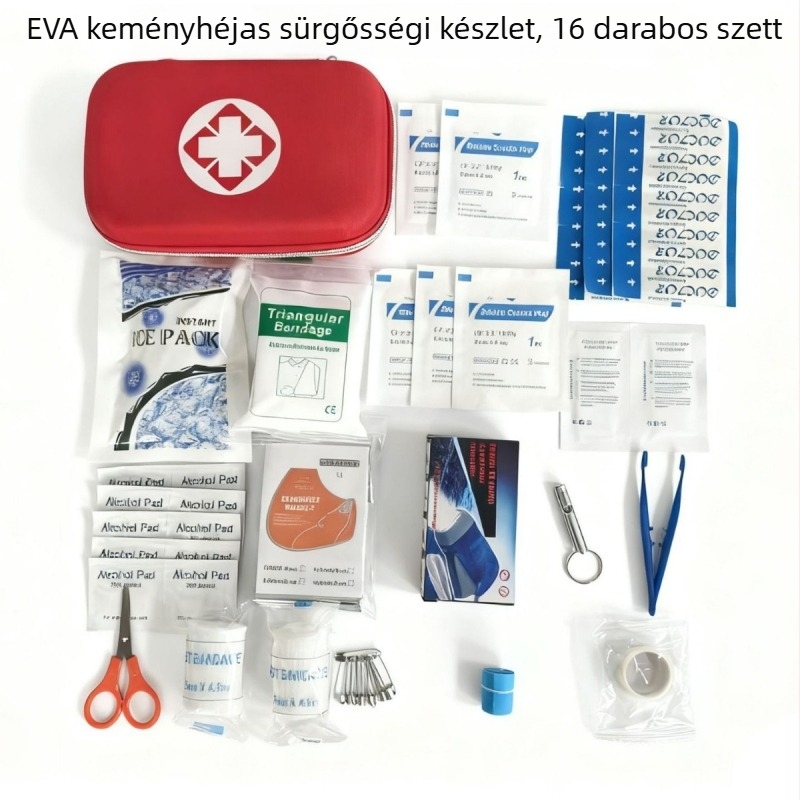 16 darabos EVA autóba szerelhető sürgősségi és kültéri túlélési készlet, angol nyelvű elsősegély-pakk