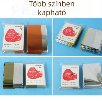 Kültéri használatra tervezett mentő takaró PE alumíniumfóliával, ezüst színű, vízálló és hőszigetelő