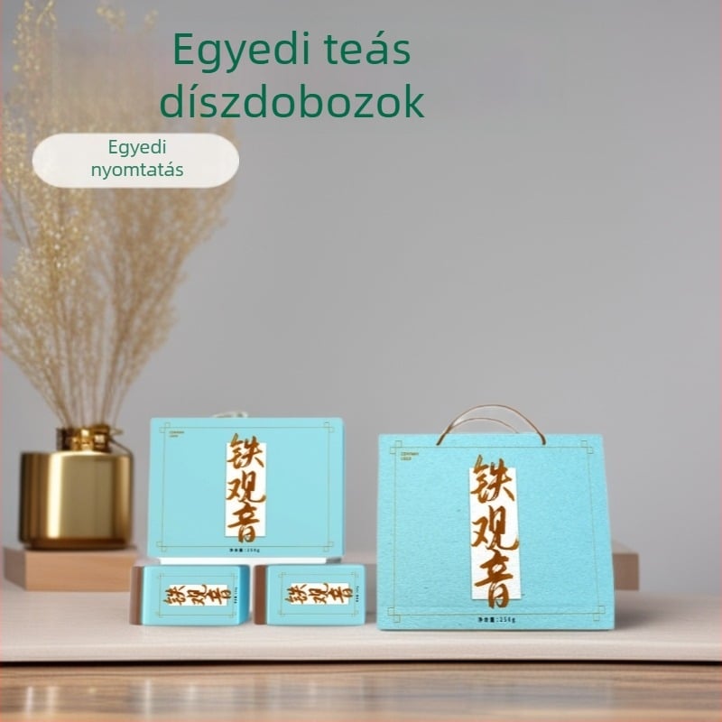 Személyre szabott teás csomagolási doboz, két részes fedéllel, hordozó táskával, nyomtatás és logó