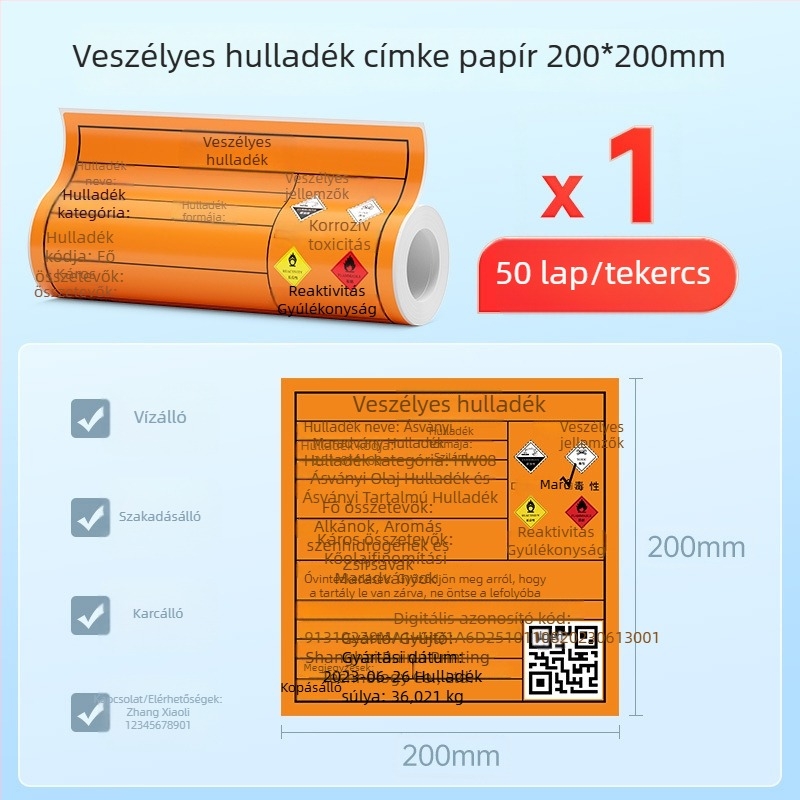 Veszélyes hulladék címkézéséhez készült hőnyomtatású önragasztó címke papír