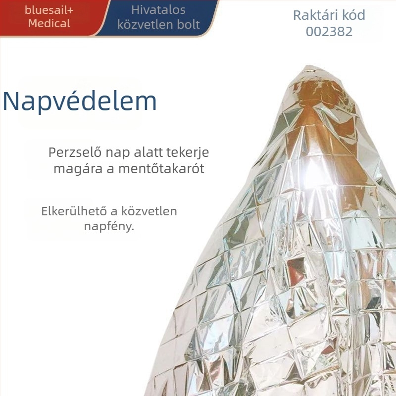 Blue Sail Vészhelyzeti takaró szabadtéri mentésekhez, hordozható, napvédelmi és szigetelési funkcióval
