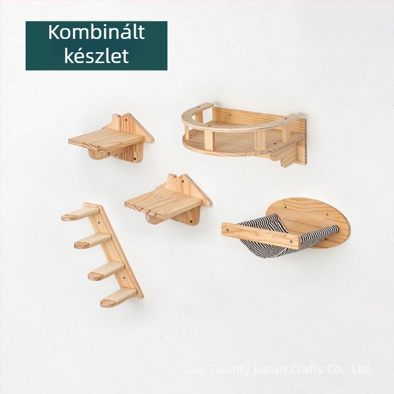Falihoz rögzíthető, fa macskafészek sisal kötéllel és fa mászóállvánnyal
