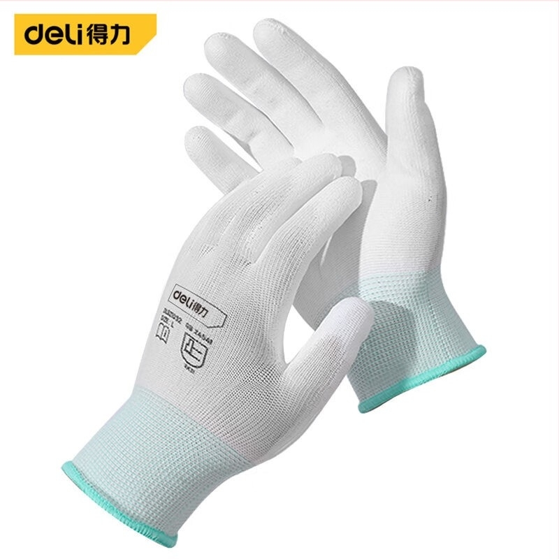Deli PU bevonat poliészter kesztyűk, megerősítettek, kopásállóak és olajállóak, méret L, 12 pár, fehér, DL521032