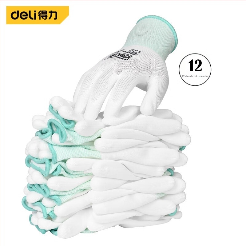 Deli PU bevonat poliészter kesztyűk, megerősítettek, kopásállóak és olajállóak, méret L, 12 pár, fehér, DL521032