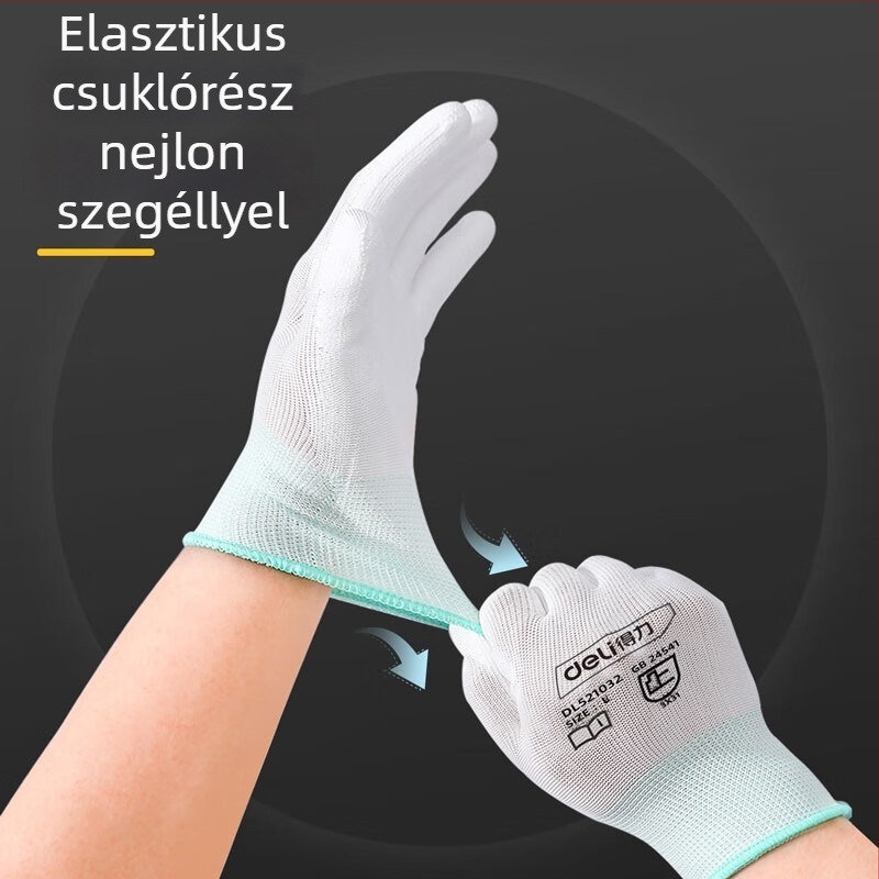 Deli PU bevonat poliészter kesztyűk, megerősítettek, kopásállóak és olajállóak, méret L, 12 pár, fehér, DL521032