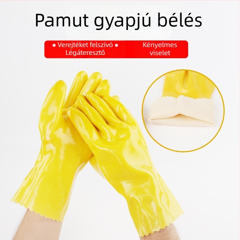 Mártott műanyag gumikesztyűk pamut bélésben, vegyi ellenálló, olajálló, sav- és bázis-ellenálló, ipari munkához