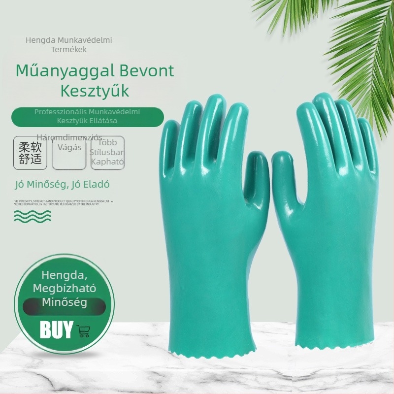 Evergrande vulkanizált gumi PVC bevonatú kesztyű, sav- és lúgálló, kopásálló, munkavédelmi kesztyű