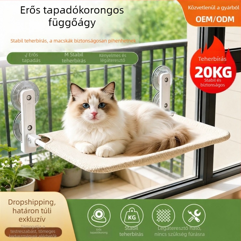 Macska-hamaka ablakpárkányra vákuumos kupakkal — napozó, függő ágy üveg erkélyhez
