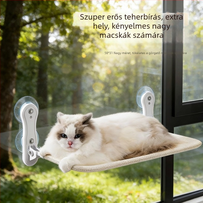 Macska-hamaka ablakpárkányra vákuumos kupakkal — napozó, függő ágy üveg erkélyhez