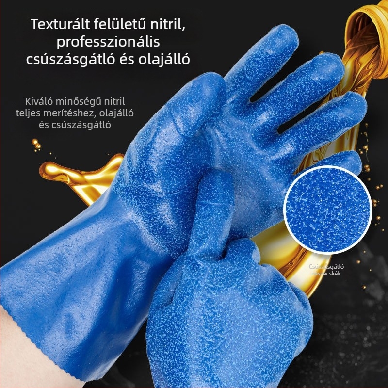 Nitril olaj- és vízálló védőkesztyűk kémiai munkákhoz – kopásállóak, csúszásmentesek, sav- és bázisellenállóak, megnövelt vastagságú