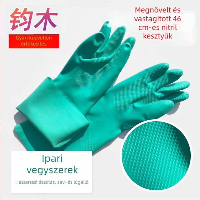 46 cm hosszú zöld nitril vegyiálló kesztyűk, olaj- és sav-bázisálló, gumigyártáshoz, vegyi anyagokkal és festéssel kapcsolatos munkákhoz