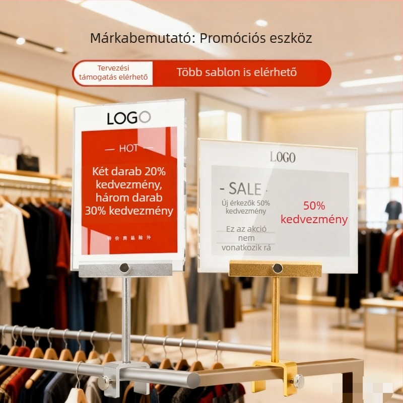 A4-es akril árucímke állvány ruházati bolt számára, klipszekkel