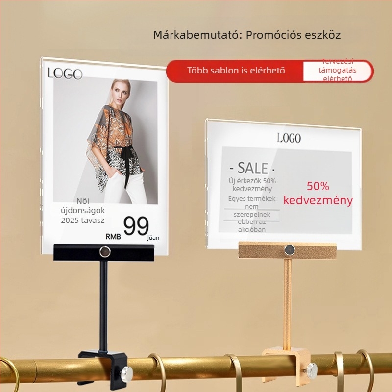 A4-es akril árucímke állvány ruházati bolt számára, klipszekkel
