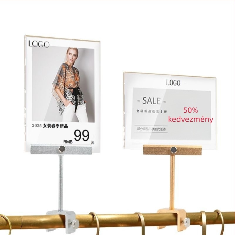 A4-es akril árucímke állvány ruházati bolt számára, klipszekkel