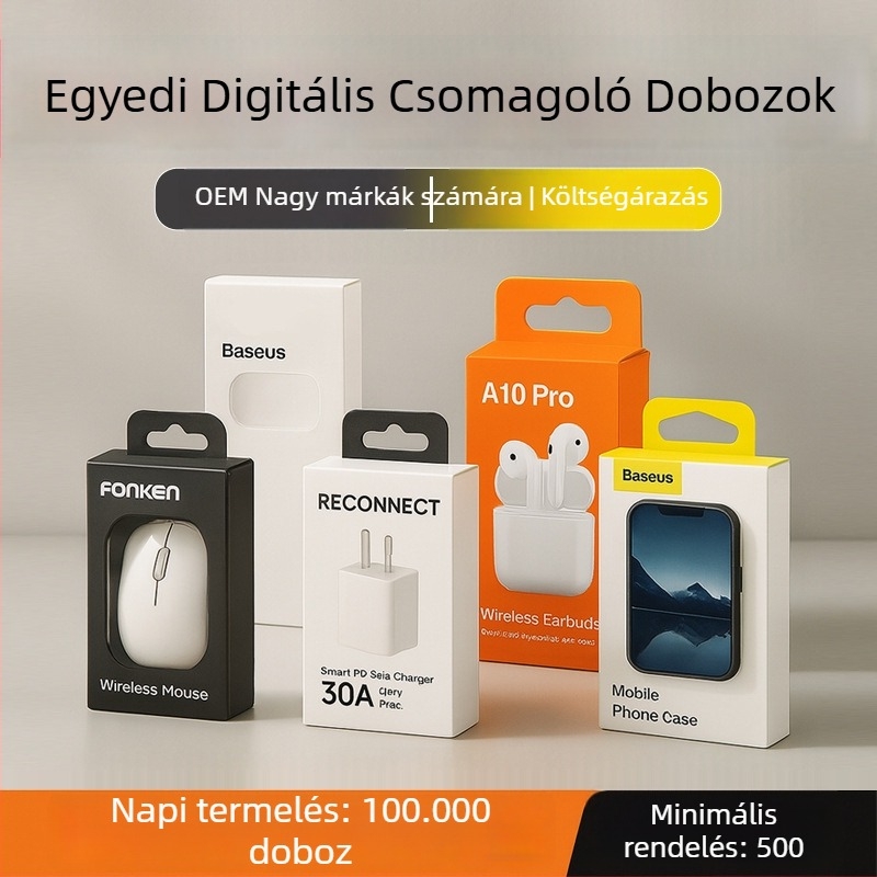Adatkábel csomagoló doboz, 3C digitális színes doboz, testreszabható egér- és fülhallgató dupla beillesztős doboz, fehér kartondoboz, kis tétel hullámkarton doboz