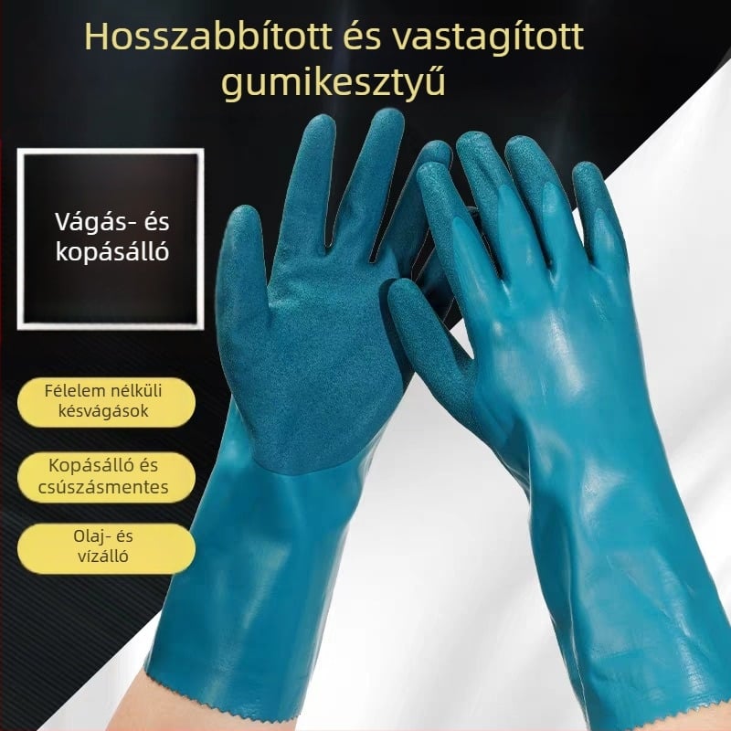 Hosszított és vastagított vízálló védő kesztyűk halak és tengeri ételek feldolgozásához; sav–bázis-ellenálló, olajálló, tartós