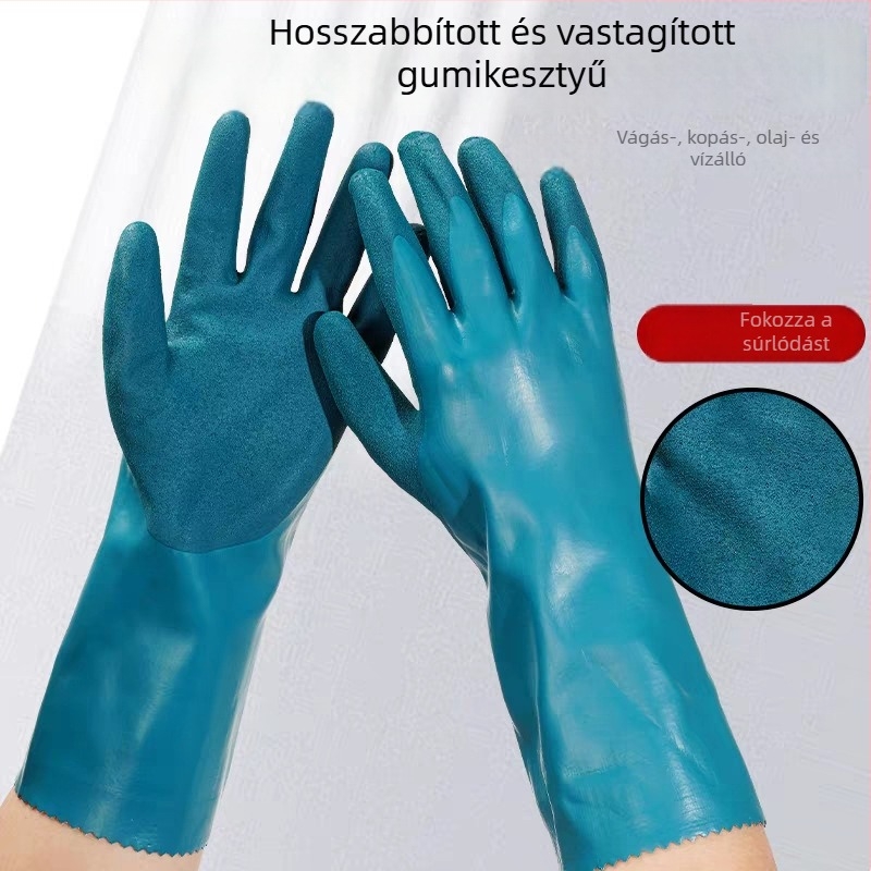 Hosszított és vastagított vízálló védő kesztyűk halak és tengeri ételek feldolgozásához; sav–bázis-ellenálló, olajálló, tartós