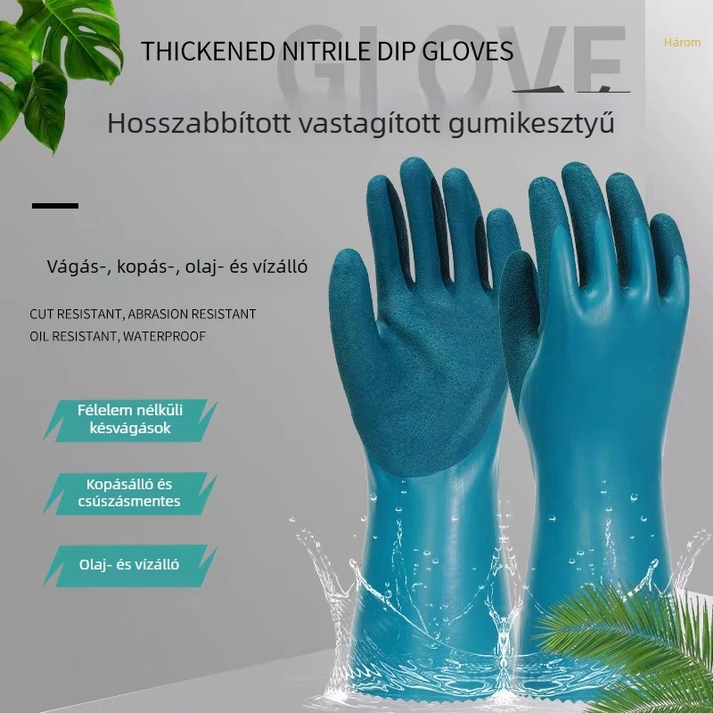 Hosszított és vastagított vízálló védő kesztyűk halak és tengeri ételek feldolgozásához; sav–bázis-ellenálló, olajálló, tartós