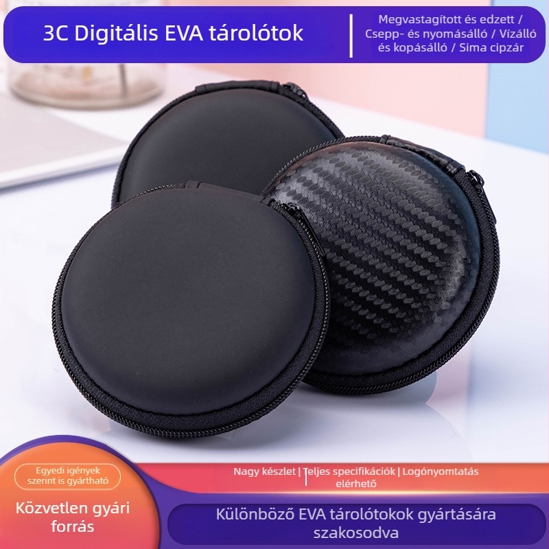 Kerek EVA tok Bluetooth fejhallgatóhoz, kábelrendező, USB pendrive cipzáras zseb, 3C digitális termékek csomagolása