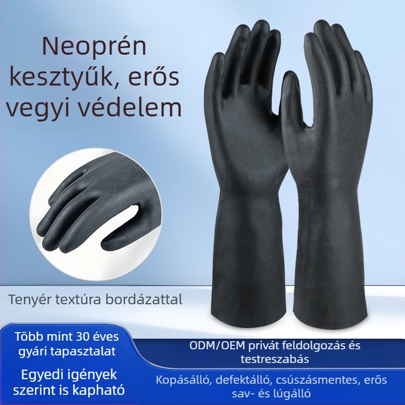 Neoprén kesztyű ipari munkához, csúszásmentes, kopásálló, sav- és lúgálló kémiai védőkesztyű