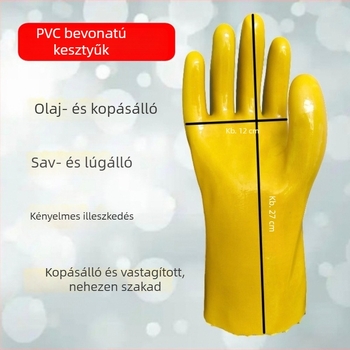 Sárga PVC bevonat kesztyűk, vastagított, kopásállóak, ipari, csúszásmentesek, olaj- és sav-bázis-állóak, halfeldolgozási védelem