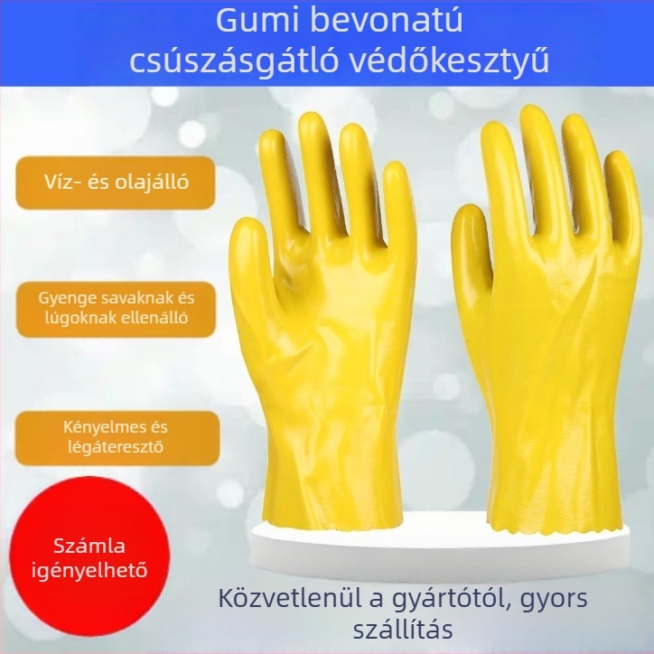 Sárga PVC bevonat kesztyűk, vastagított, kopásállóak, ipari, csúszásmentesek, olaj- és sav-bázis-állóak, halfeldolgozási védelem