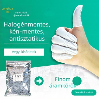 Fehér nitril ujjvédők, görgősszélűek, halogén- és kénmentes, antistatikus, egyszer használatos elektronikai műhelyhez