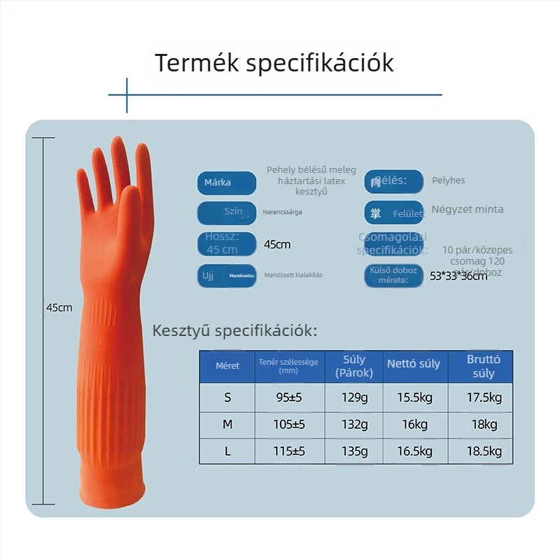 45 cm-es hosszabbított latex tisztító kesztyű fleece bélésével, vastagított, vízálló ipari védőkesztyű mindennapi tisztításra, élelmiszer-feldolgozásra és szolgáltatásokhoz