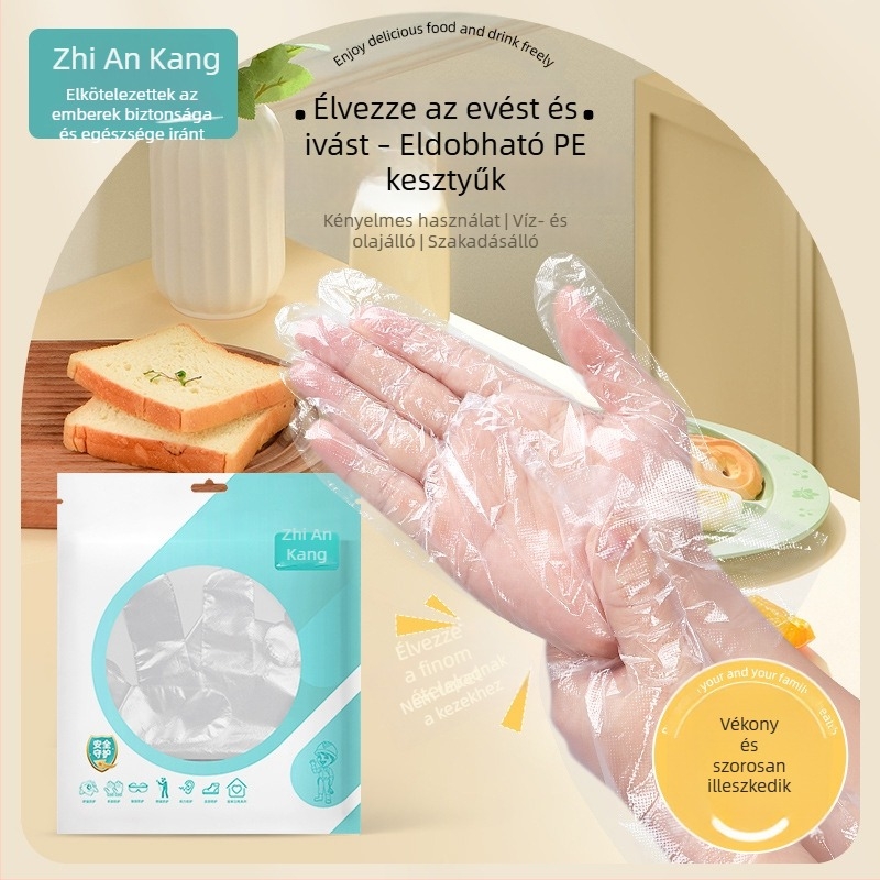 Egyszer használatos PE védő kesztyűk, vastított kivitelben, tisztításra, kozmetikai és élelmiszer-feldolgozásra, víz- és olajálló.