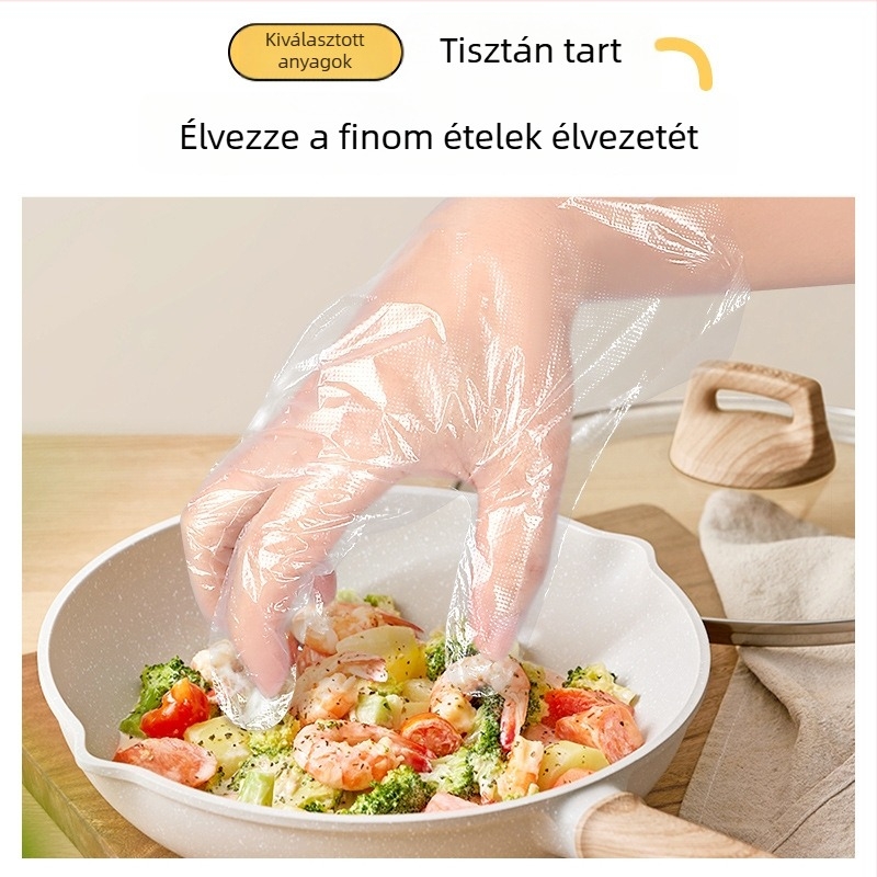 Egyszer használatos PE védő kesztyűk, vastított kivitelben, tisztításra, kozmetikai és élelmiszer-feldolgozásra, víz- és olajálló.