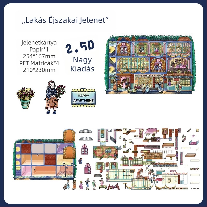 Éjszakai lakás tájkép matricák, 3D-s mikro jelenetek látványai, aranyos stílusú matricacsomag