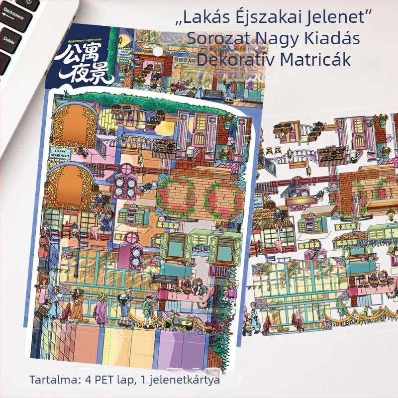Éjszakai lakás tájkép matricák, 3D-s mikro jelenetek látványai, aranyos stílusú matricacsomag