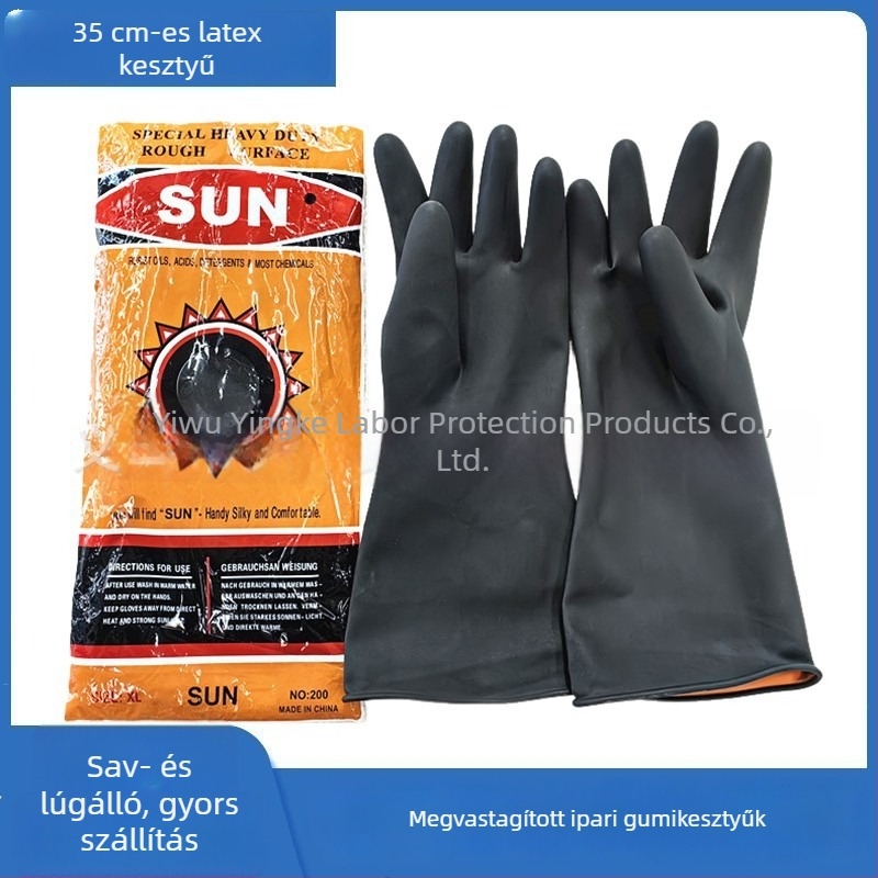35 cm hosszabbított vastag latex kesztyű ipari használatra, sima felület, sav- és bázisálló, víz- és olajálló, gumibevonatú védőkesztyű